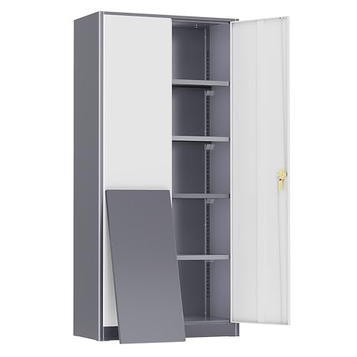Greenvelly Metal Storage Cabinet, 72" Locking Metal Garage Storage Cabinet with Doors and 4 Adjustable Shelves, Lockable Steel Cabinet for Home Office, Garage, Shop, School (White Grey 36" W x 18" D) - color: White Grey, size: 72 Inch - 36W