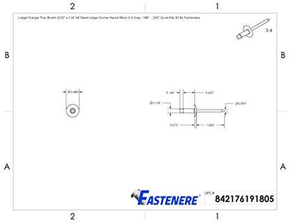 Fastenere Large Flange Pop Rivets - 5/32" x 1/4" (50 pcs) Heavy Duty, Open End, Steel Zinc, Corrosion-Resistant, High Tensile & Shear Strength, 5-4 Gap .188" - .250"