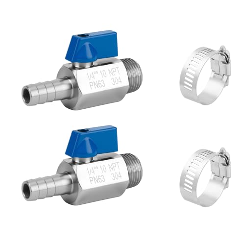 2Pack 3/8" Hose Barb to 1/4" NPT Male Mini Ball Valve 304 Stainless Steel Shut Off Valve with Clamps Kit for Air Water Fuel Gas (3/8" Barb x 1/4" NPT Male) - size: 3/8" Barb x 1/4" NPT Male