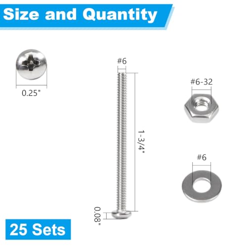 25 Sets #6-32 x 1-3/4" Pan Head Machine Screws Nuts Washers Kit - size: #6-32 x 1-3/4"