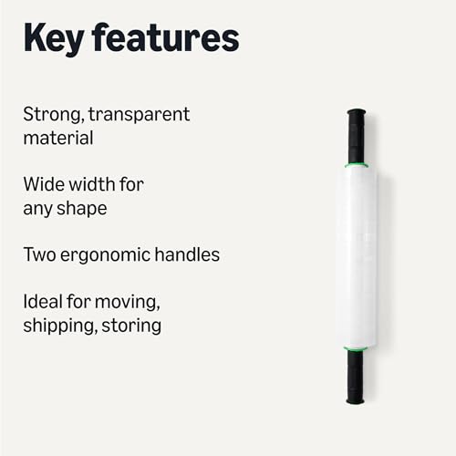 Amazon Basics Strong Transparent Stretch Wrap Film Roll for Moving, Shipping and Storing, Furniture Wrapping, 15" x 1000 ft, Two Ergonomic Handles, Clear, 1 Roll