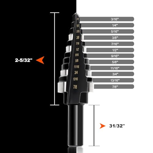 HSS Step Drill Bit for Metal, 12 Steps from 3/16" to 7/8" Straight Flutes - size: HSS 3/16"-7/8"