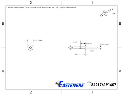 Fastenere Large Flange Pop Rivets -5/32" x 1/4" (25 Pack) Heavy Duty, Stainless Steel Blind Rivets, Open End 5-4 Grip Range .188" - .250", Corrosion Resistant, High Tensile & Shear Strength - size: 5/32" x 1/4" (5-4) (25 Pack)