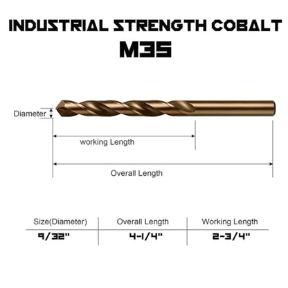 Narwhal 9/32" Drill Bits for Metal (M35 Cobalt - Industrial Strength) 4-1/4" Length & 135 Degree Split Point for Drilling Into Metal, Hardened & Stainless Steel, Cast Iron, & More! - size: 9/32 in