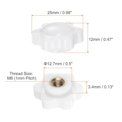 HARFINGTON 6pcs Star Knobs M6 Female Thread 25mm 6-Point Plastic Head Brass Insert Non-Through Hole Screw-in Threaded Hand Knob Clamping Handle, White - color: White, size: M6 x 25mm
