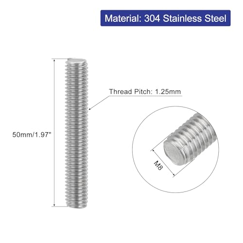 uxcell 8Pcs Fully Threaded Rod, M8 x 50mm 304 Stainless Steel Right Hand Thread Bar Studs M8-1.25 Thread Pitch for Furniture Machinery Assembly - size: M8 x 50mm