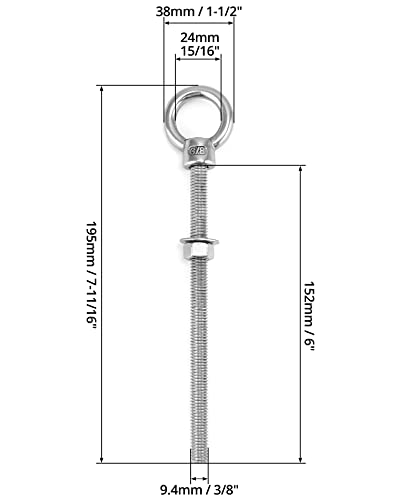 QWORK Threaded Eyebolts, 5 Pack 3/8" x 6" Long Stainless Steel Marine Grade Shoulder Eye Bolt - color: 5 Pack, size: 3/8" x 6"