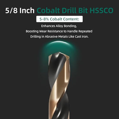 5/8 Inch Cobalt Drill Bits HSSCO M35 High Speed Steel（1Pcs, for Cast Iron