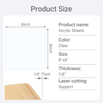 1/8" Thick (3mm) Clear Acrylic Sheet 8" x 8" - 6 Pieces | Cast Plexiglass for DIY Crafts, Sign, Photo Frame, Display Projects - size: 8 x 8"