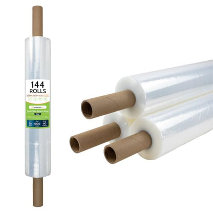 PSBM Stretch Wrap with Handles, 144 Rolls 20 Inch x 1000 Feet 90 Gauge Heavy Duty Clear Plastic Wrap Industrial Strength Shrink Film for Moving, Packing & Shipping - size: 144 Pack, style: 90 Gauge