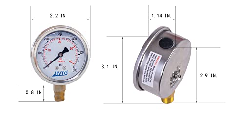 Pressure Gauge,Glycerin Liquid Filled,2" Dual Scale Dia,0-600 psi/bar/kpa,1/4" NPT Brass Connection,Lower Mount, Stainless Steel Case,for Air Compressor,Pump,Tube,Valve,Gas Air Water Oil Test - size: 0-600 psi