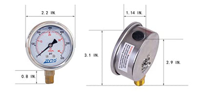 Pressure Gauge,Glycerin Liquid Filled,2" Dual Scale Dia,0-600 psi/bar/kpa,1/4" NPT Brass Connection,Lower Mount, Stainless Steel Case,for Air Compressor,Pump,Tube,Valve,Gas Air Water Oil Test - size: 0-600 psi