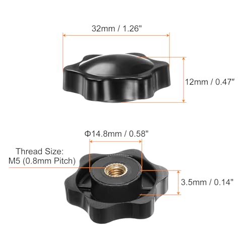 HARFINGTON 6pcs Star Knobs M5 Female Thread 32mm 6-Point Plastic Head Brass Insert Non-Through Hole Screw-in Threaded Hand Knob Clamping Handle, Black - color: Black, size: M5 x 32mm