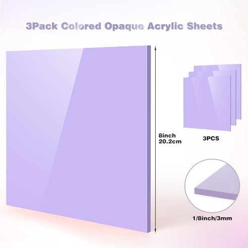 Adrattnay Purple Acrylic Sheets 1/8" Thick, 3Pcs 8 x 8 Opaque Cast Acrylic Sheets for Laser Cutting & Engraving-3mm, with Protective Paper - color: Purple