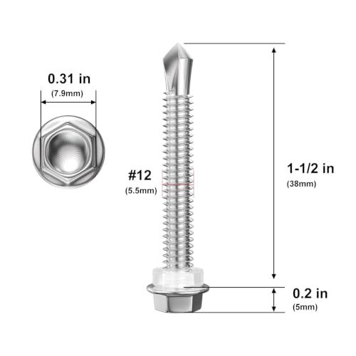 Wensilon (200Pcs) #12×1-1/2" Hex Washer Head Self Drilling Screws, 410 Stainless Steel Metal SheetScrews，TEK Screws, Sheet Metal Self Tapping Screws - color: Silver, size: #12x1-1/2"