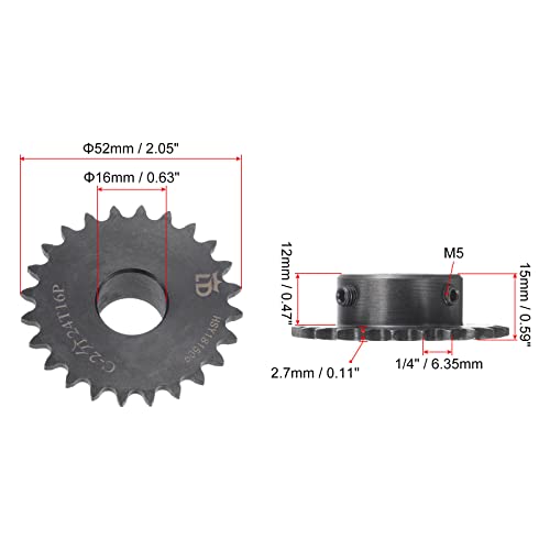 uxcell 24 Tooth Roller Sprocket B Type, #25 Chain, Single Strand 1/4" Pitch, 16mm Bore Black Oxide C45 Carbon Steel with Set Screws for ISO 04C - size: 16mm
