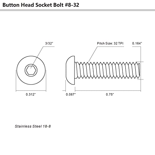 8-32 x 3/4" Button Head Socket Cap Bolts Screws, Stainless Steel 18-8 (304), Bright Finish, Allen Hex Drive, 100 PCS - size: 8-32 x 3/4"