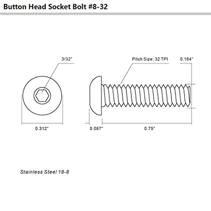 8-32 x 3/4" Button Head Socket Cap Bolts Screws, Stainless Steel 18-8 (304), Bright Finish, Allen Hex Drive, 100 PCS - size: 8-32 x 3/4"
