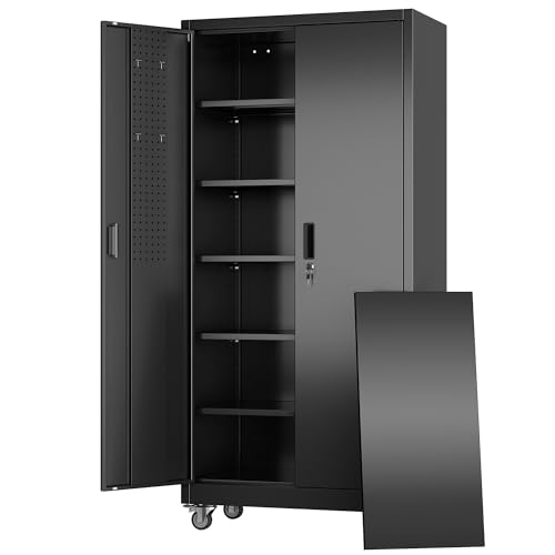 Aobabo Metal Garage Storage Cabinet with Wheels and Door Pegboard - color: Black, size: 16"D x 32"W x 71"H
