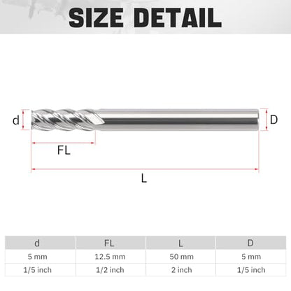 1/5" Ceramic Square End Mill 4 Flute Milling Bits Set for Steel 5pcs - size: 1/5 inch