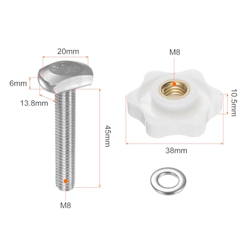 HARFINGTON 5Set T Track Bolts Knob Kit M8 x 45mm Threaded Bolts M8 x 38mm Hex Hand Nut Clamping Knob with Washer for Woodworking Jigs and Fixtures, White - color: White, size: M8 x 45mm/M8 x 38mm