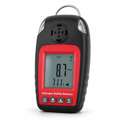 H2S Gas Detector, Portable Hydrogen Sulfide Detector Gas Leak Detectors & Alarms Electrochemical H2S Monitor Meter Single Gas H₂S Sensor Poisoning Alarm with Clip and LCD Screen Backlight