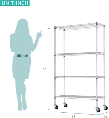 Meet perfect 4-Tier Wire Shelving Unit with Wheels, 36x14x62 in Chrome - color: Chrome, size: 4-Tier, 62"H × 36"W × 14"D