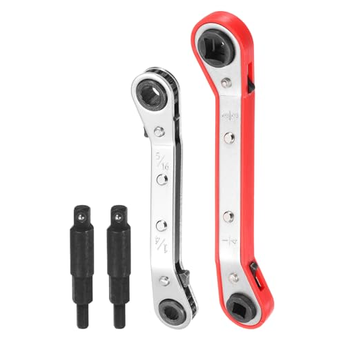 HARFINGTON 4pcs HVAC Service Wrench Set 1/4" 5/16" 3/16" 3/8" 25° 16-Teeth Air Conditioner Valve Reversible Ratchet Wrench with Hexagon Bit Adapter for Refrigeration Equipment Repair, 2 Color - color: Silver Red
