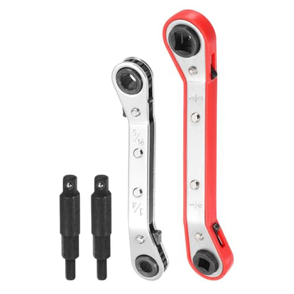 HARFINGTON 4pcs HVAC Service Wrench Set 1/4" 5/16" 3/16" 3/8" 25° 16-Teeth Air Conditioner Valve Reversible Ratchet Wrench with Hexagon Bit Adapter for Refrigeration Equipment Repair, 2 Color - color: Silver Red