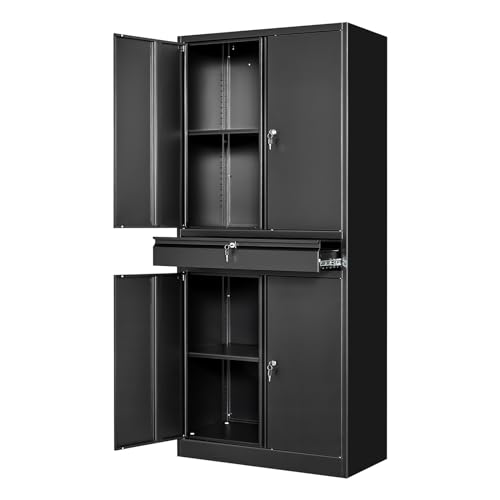 Metal Garage Storage Cabinet with Lock, Tool Cabnets with 1 Drawer - color: Black, size: 71"H x 32"W x 16"D-W