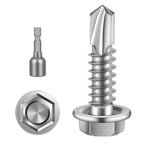 #12 x 1 Hex Washer Head Self Drilling Sheet Metal Screws with Drill Point, 410 Stainless Steel Self Tapping Screws for Metal, 50 PCS - color: Silver, size: #12 x 1"