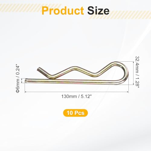 uxcell 10Pcs Hitch Pin Clip, 6x130mm Zinc-Plated Spring Steel Retaining R Clip Retaining Wire Hair Pins Cotter Pin Assortment Kit Clips for Trailer Tractors Mower Carts Truck, Gold - size: 6x130mm