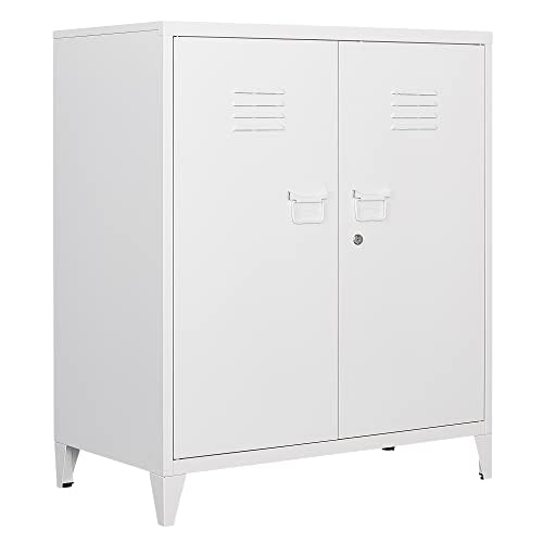 Metal Storage Cabinet with Lock, Locking Cabinets Office Storage Caninet with 2 Doors and Shelves, Lockable Steel Locker Floor Caninets Cupboard, Small Sideboard Buffet Cabnet for Home Office - color: White, size: 40"H
