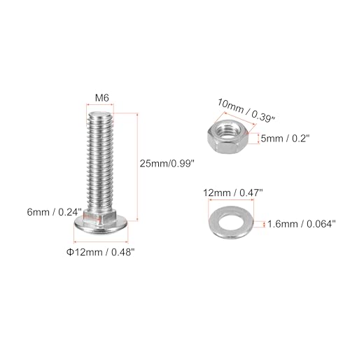 uxcell M6x25mm Square Neck Carriage Bolts with Nuts & Washers, 24Set 304 Stainless Steel Round Head Square Neck Coach Bolt Screws, Silver Tone - size: M6x25mm