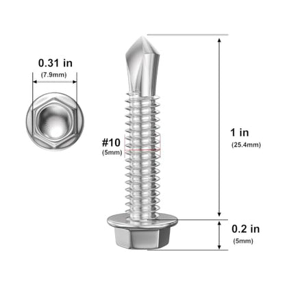 Wensilon (250Pcs)#10×1" Hex Washer Head Self Drilling Screws, 410 Stainless Steel Metal SheetScrews，TEK Screws, Sheet Metal Self Tapping Screws - color: Silver, size: #10x1"