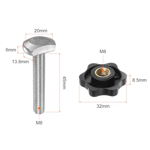 HARFINGTON 5Set T Track Bolts Knob Kit M8 x 45mm Threaded Bolts M8 x 32mm Hex Hand Nut Clamping Knob with Washer for Woodworking Jigs and Fixtures, Black - color: Black, size: M8 x 45mm/M8 x 32mm