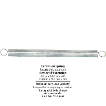 Prime-Line SP 9635 Extension Spring, Spring Steel Construction, Nickel-Plated Finish, 0.080 GA x 5/8 in. x 8-1/2 in., Closed Single Loop (Single Pack)