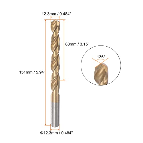HARFINGTON Twist Drill Bit 12.3mm Titanium Coated (HSS-E) M42 High Speed Steel 8% Cobalt Straight Shank for Stainless Steel Aluminum Alloy Metal - size: 12.3mm