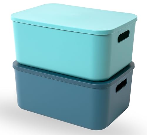 Plastic Storage Bins with Lid, Stackable Box for Organization - color: Medium 2PCS (Blue+Green))