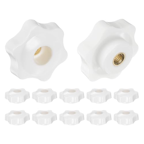 HARFINGTON 12pcs Star Knobs M6 Female Thread 38mm 6-Point Plastic Head Brass Insert Through Hole Screw-in Threaded Hand Knob Clamping Handle, White - color: White, size: M6 x 38mm