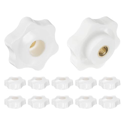 HARFINGTON 12pcs Star Knobs M6 Female Thread 38mm 6-Point Plastic Head Brass Insert Through Hole Screw-in Threaded Hand Knob Clamping Handle, White - color: White, size: M6 x 38mm