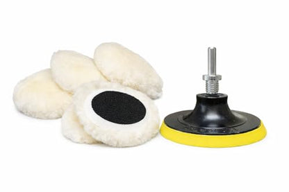 Lambswool Polishing Pads Sheepskin Buffing Pads with Elastic Band. 7PC Set Includes 5 Lambswool Cutting Pads with Hook and Loop Backing, 1 Backing Plate and 1 Drill Attachment - Wool Buffs (4 Inch) - size: 4 Inch