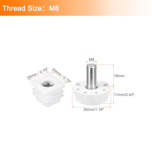 uxcell Furniture Leveling Feet, 16 Sets 20 x 20mm - Square Insert Furniture Adjustable Leveler, M8 Thread Nut Pipe Plug Blanking End Caps Insert (White) - size: 20 x 20mm