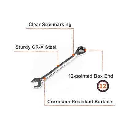 Egofine 1/4 inch Ratcheting Combination Wrench SAE, Industrial Grade Gear Spanner with 12-Point Design, 72-Tooth Ratchet, Chrome Vanadium Steel - size: 1/4"