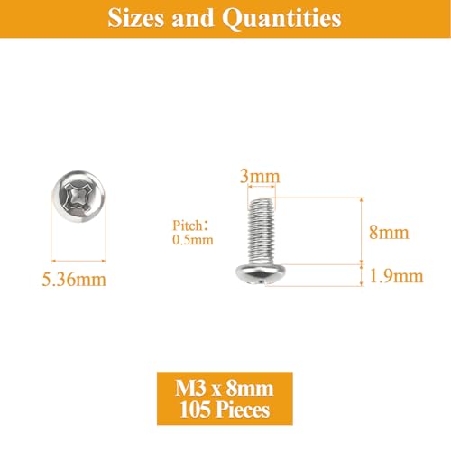 105 Pieces M3 x 8mm Machine Screws, Thread Pitch 0.5mm, Sutemribor M3 Phillips Pan Head Machine Screws, 304 Stainless Steel, Fully Threaded, Silver - size: M3 x 8mm, style: Phillips Pan Head