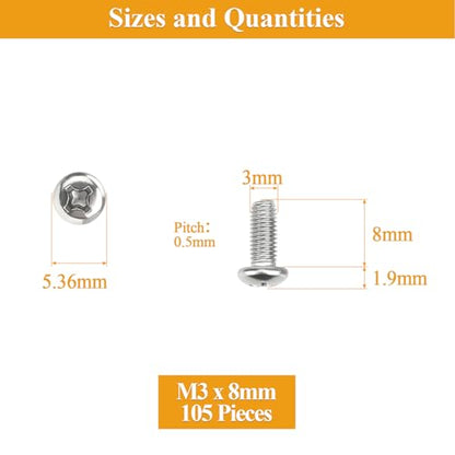 105 Pieces M3 x 8mm Machine Screws, Thread Pitch 0.5mm, Sutemribor M3 Phillips Pan Head Machine Screws, 304 Stainless Steel, Fully Threaded, Silver - size: M3 x 8mm, style: Phillips Pan Head