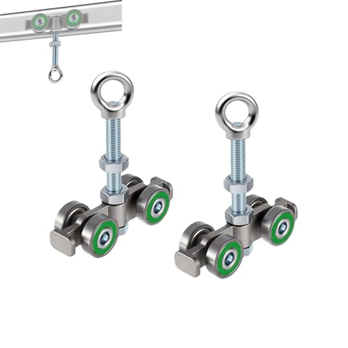 4-Wheel Silent Trolley Assembly, Heavy Duty Four Bearing Trolle Roller System with Bearings for Unistrut Channel, M10 Bolt and Eye Nuts, 1-5/8 Inch Compatible
