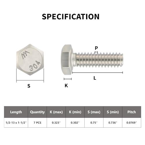 VGBUY 7Pcs 1/2-13 x 1-1/2" Hex Head Screws Bolts,304 Stainless Steel 18-8,Fully Threaded,External Hex Drive,Mounting Chair,Rail,Pump,Wheels,Handles,Antenna Parts,Boat and Plastic Bumpers(VG10602) - size: 1-1/2", style: 1/2-13"