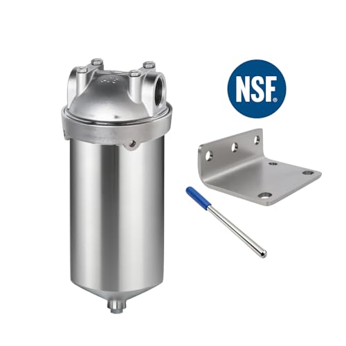 NSF/ANSI 42 Stainless Steel Whole House Water Filter Housing, 5" x 2.5" Sediment Water Filter System for Heavy Duty, Well & City Water, 1/2" NPT Port, Drain Valve Style C(Square Head) - size: 5" C Housing-1/2NPT