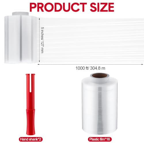 Jutom 16 Pcs Mini Stretch Film Industrial Shrink Wrap Roll Plastic Film for Moving 2 Handles 5" x 1000 ft Pallet Wrap Packaging Self Adhering Shipping for Moving Furniture Packing (Clear,Red) - color: Clear, Red